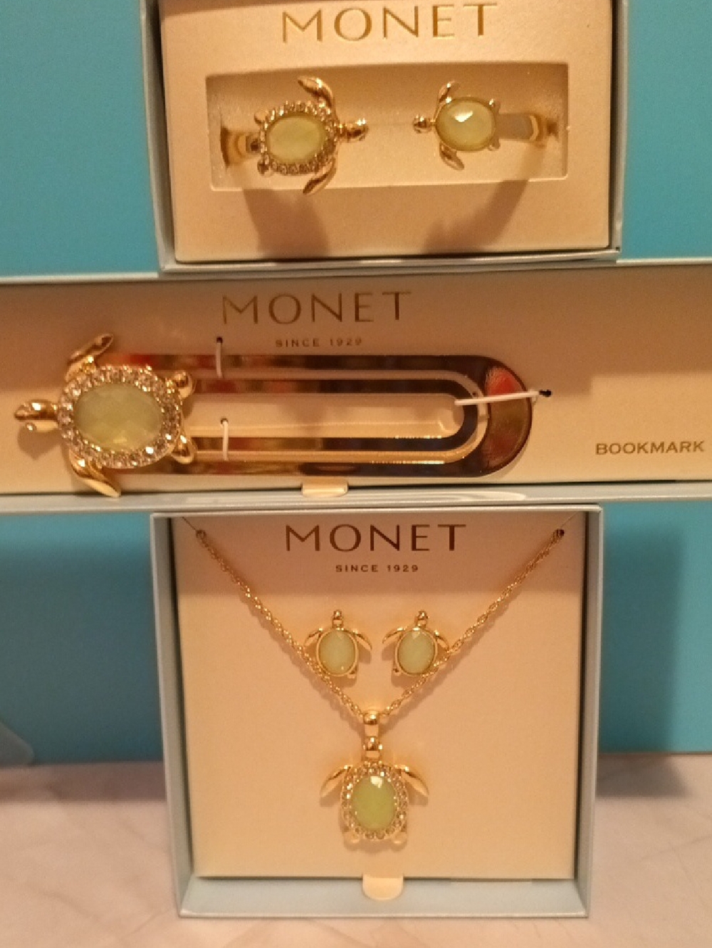 MONET Gold Turtle Jewelry Set with Mint Green Stones